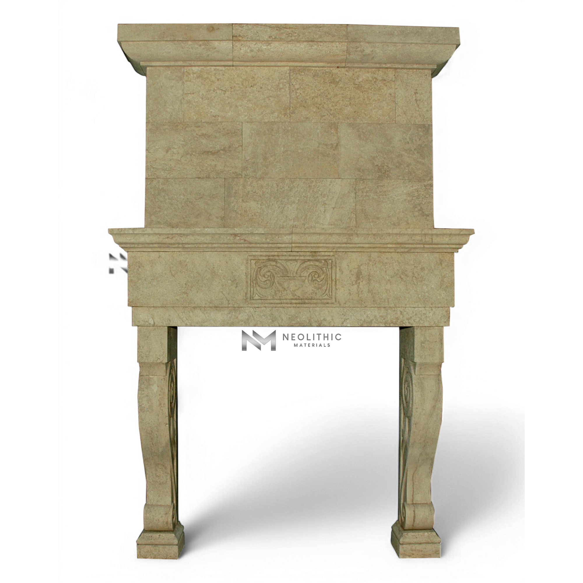 Limestone Fireplace Mantel with Trumeaus Over Mantel